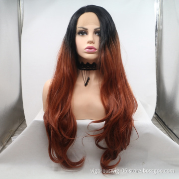 Vigorous red ombre long straight premium high quality wholesale black women synthetic hair wigs with lace front